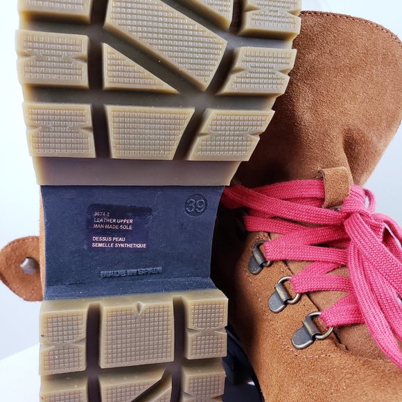 MADE IN SPAIN CALF LEATHER+SHERPA FUR LINED Cognac Hiker Alpine Snow Boot 39 NEW - Picture 5 of 7